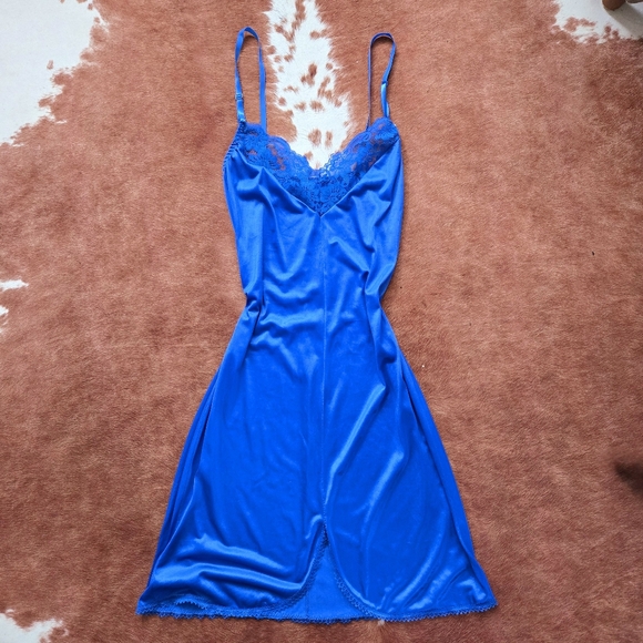 Vintage Electric Blue Satin Slip Chemise - Picture 2 of 7